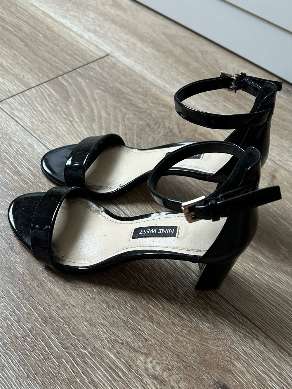 Nine West Black Patent Ankle-Strap Block Heels